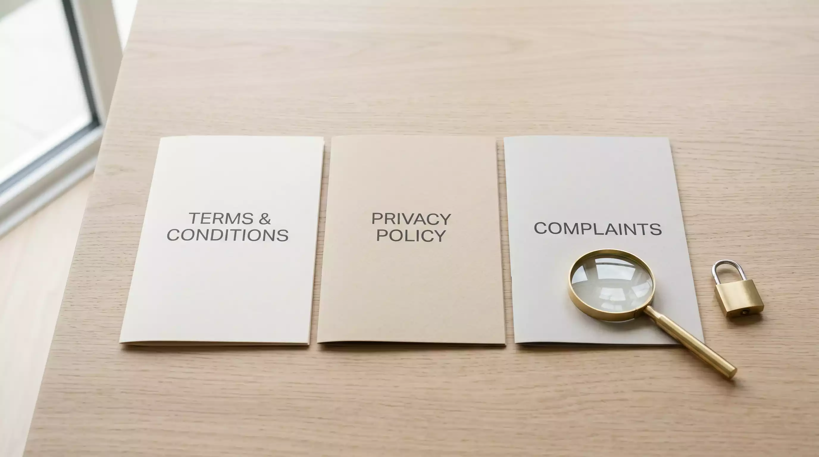 A folder of gambling terms, privacy choices and complaint notes arranged as a practical checklist