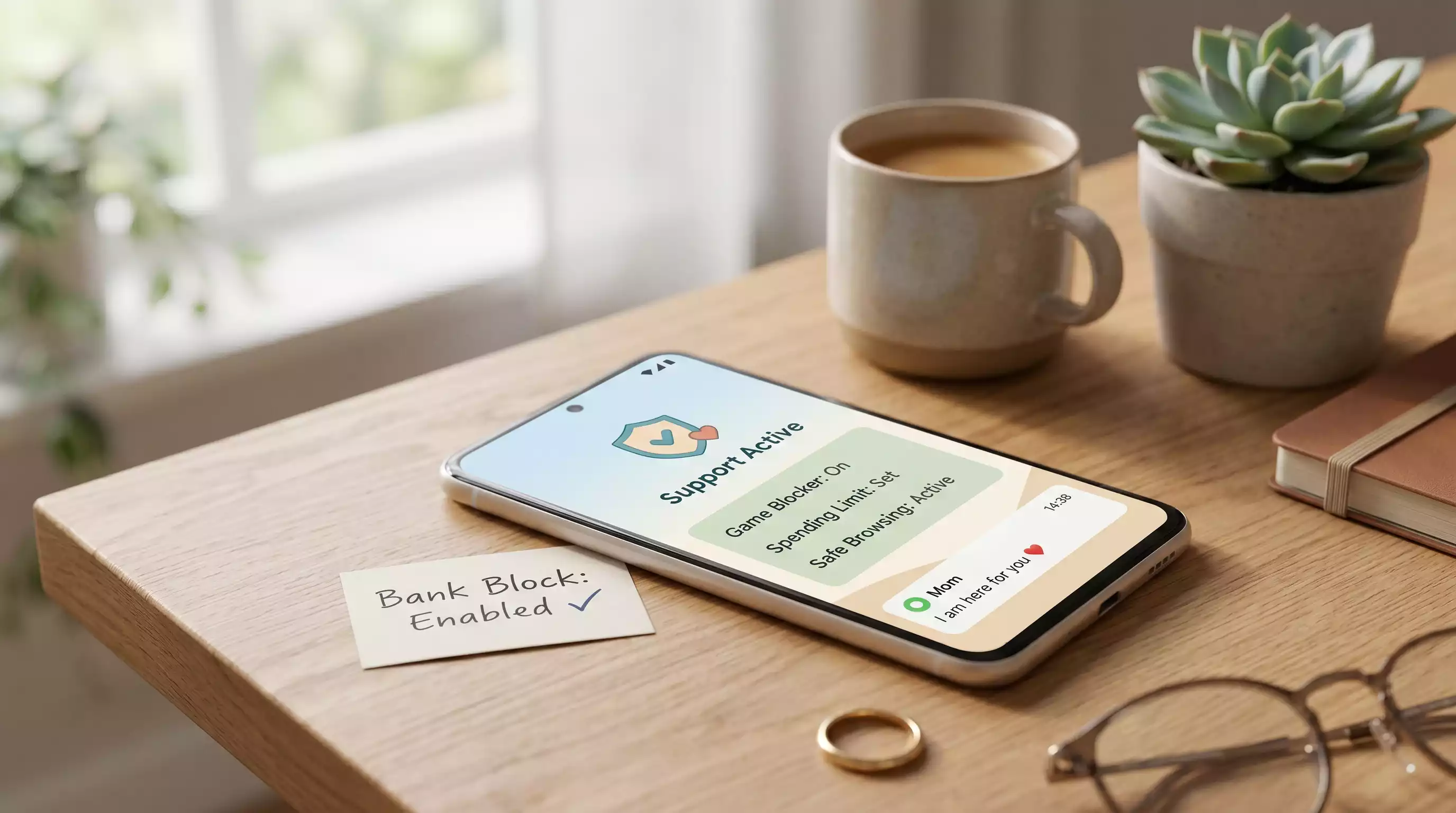 A calm support plan with a phone, bank block note, browser block symbol and trusted-person reminder
